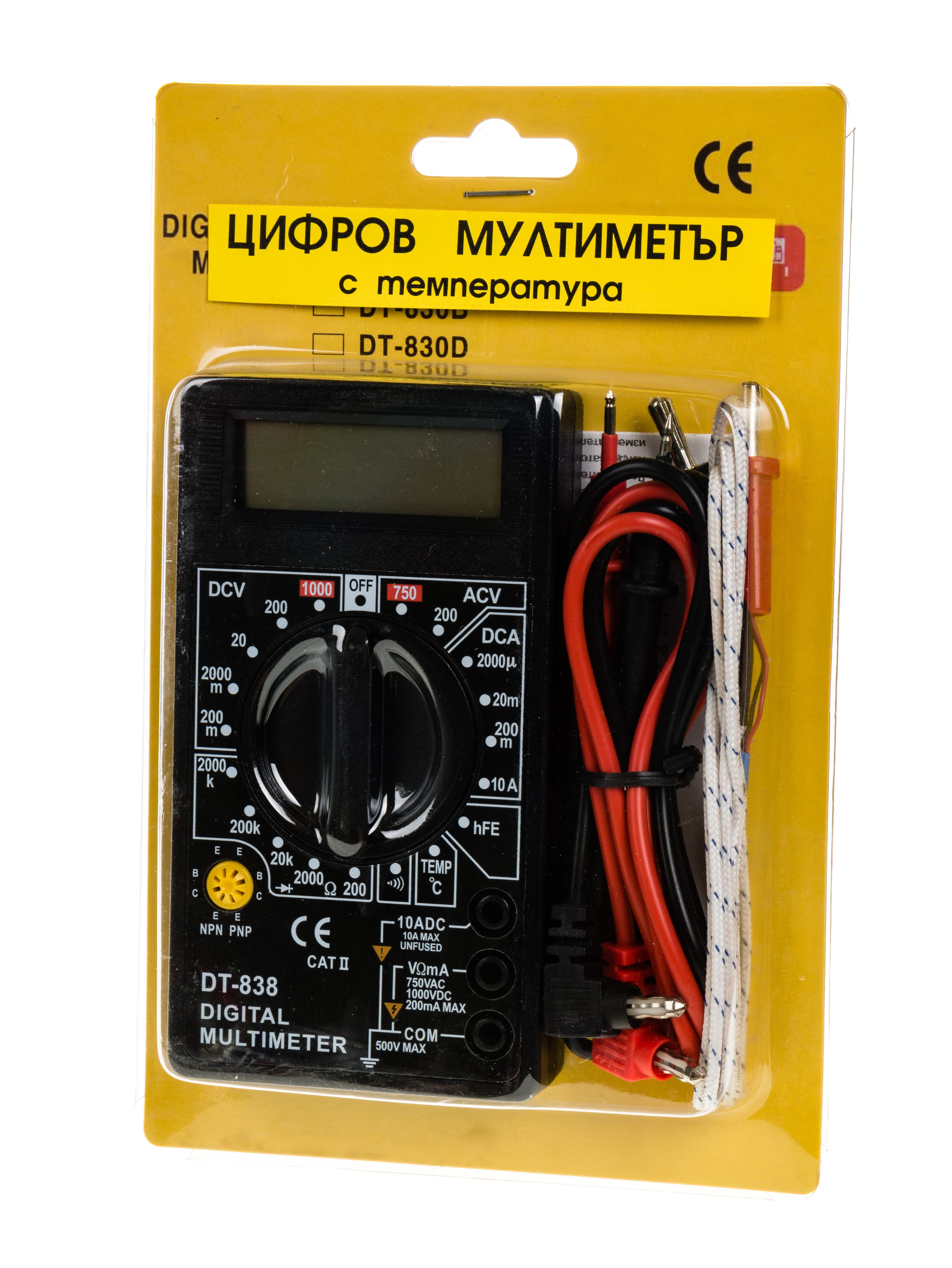 Цифров мултиметър с температура Мултицет DT-838 