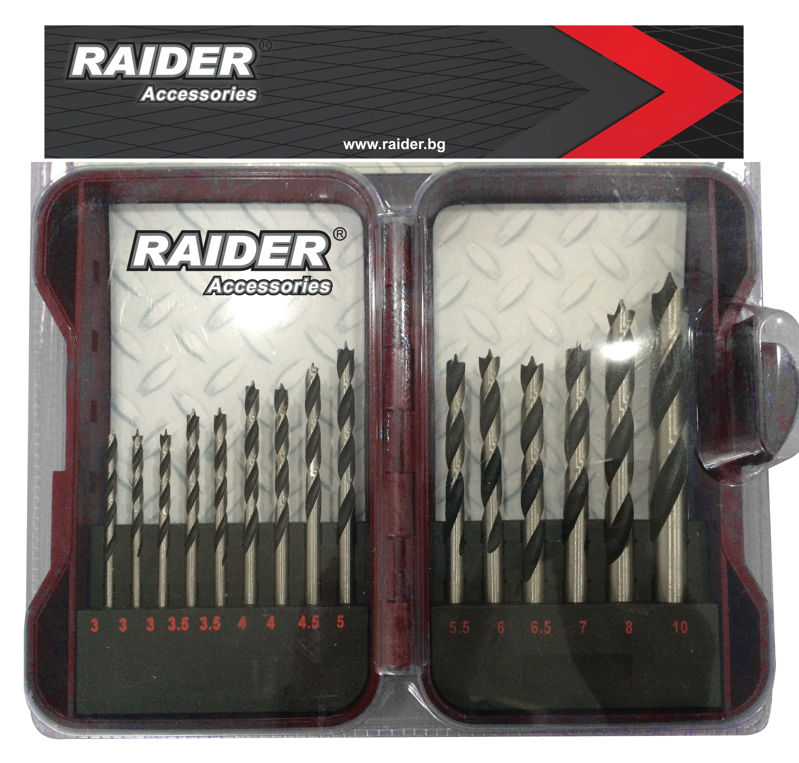 Комплект свредлa за дърво Raider ø3-10мм / 15 броя