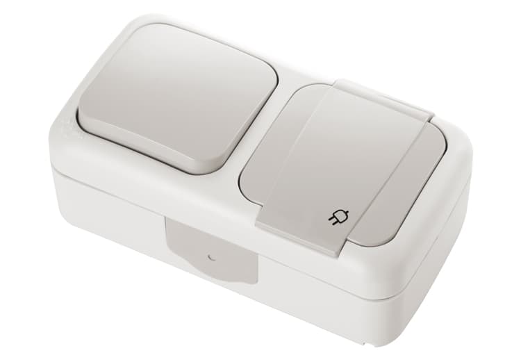 Единичен ключ + контакт за открит монтаж Палмие Viko by Panasonic IP54 сив 