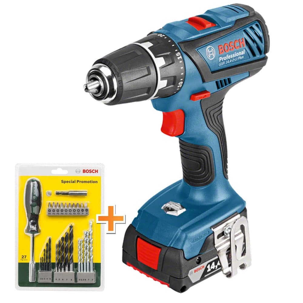 Акумулаторен винтоверт Bosch GSR 14,4-2-Li Plus с подарък Комплект консумативи Bosch 27 части