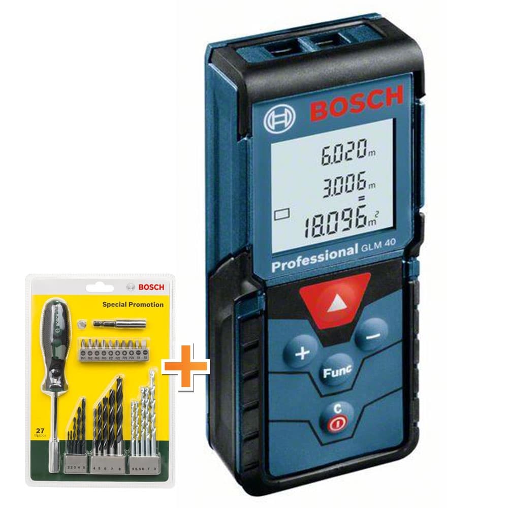 Лазерна ролетка Bosch GLM40 с подарък комплект консумативи Bosch 27 части 