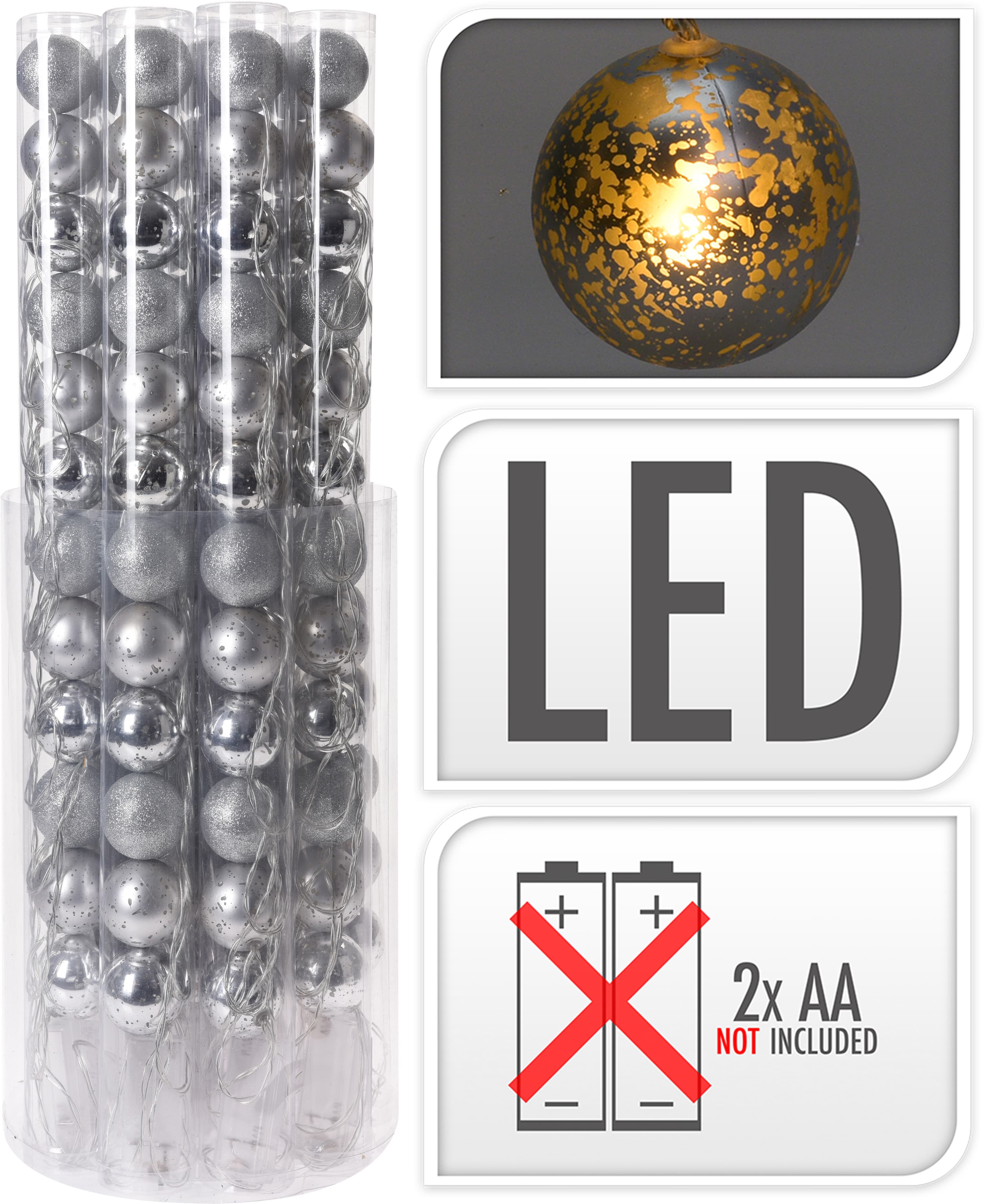 Коледни LED топки 12 броя / 50мм сребро