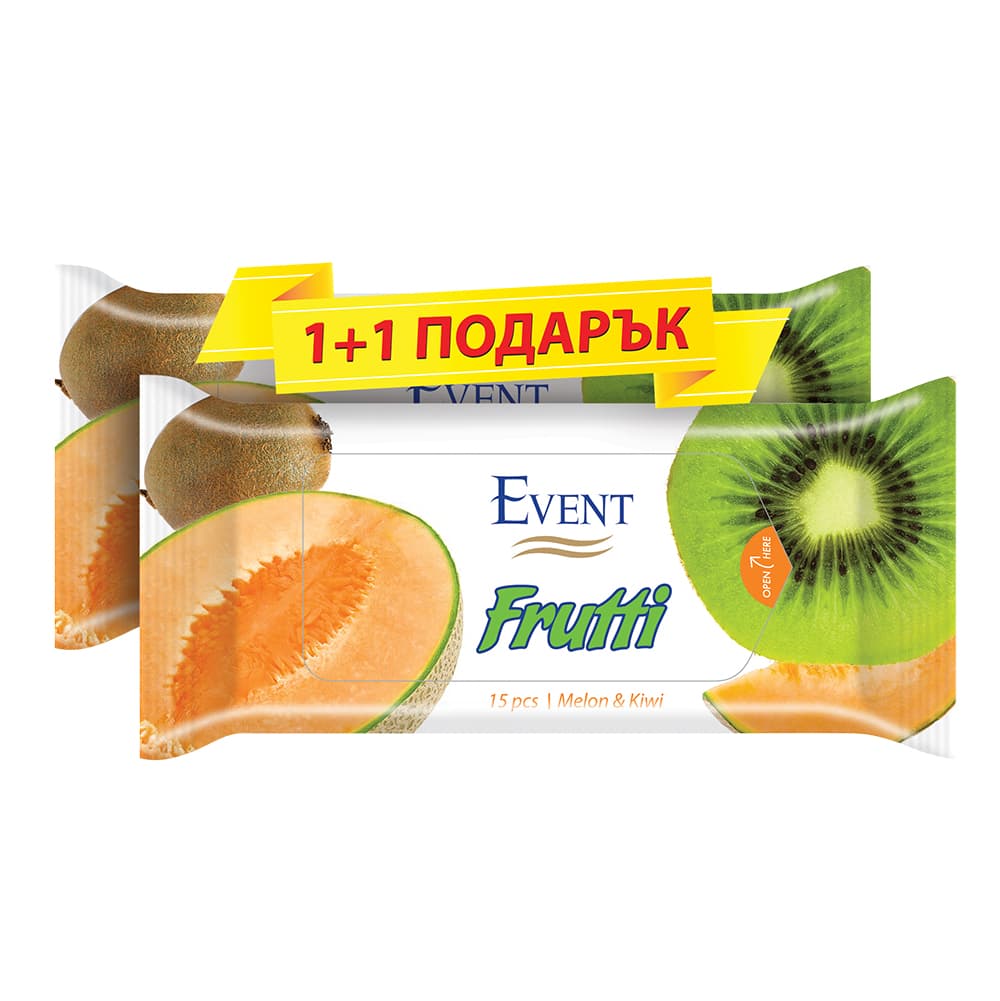 Мокри кърпички Пъпеш и киви - 15 броя / промо пакет 1+1