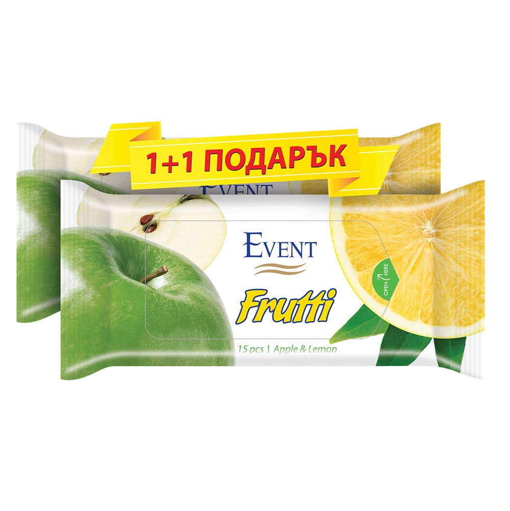 Мокри кърпички Ябълка и лимон - 15 броя / промо пакет 1+1