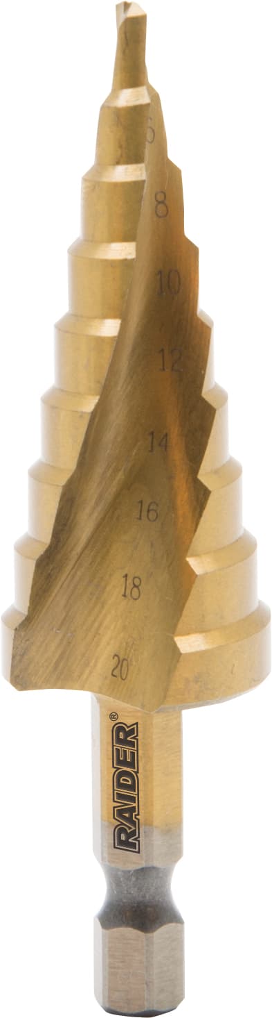Стъпаловидно свредло за ламарина Raider HEX 1/4" HSS+TIN spiral flute ø4-20мм