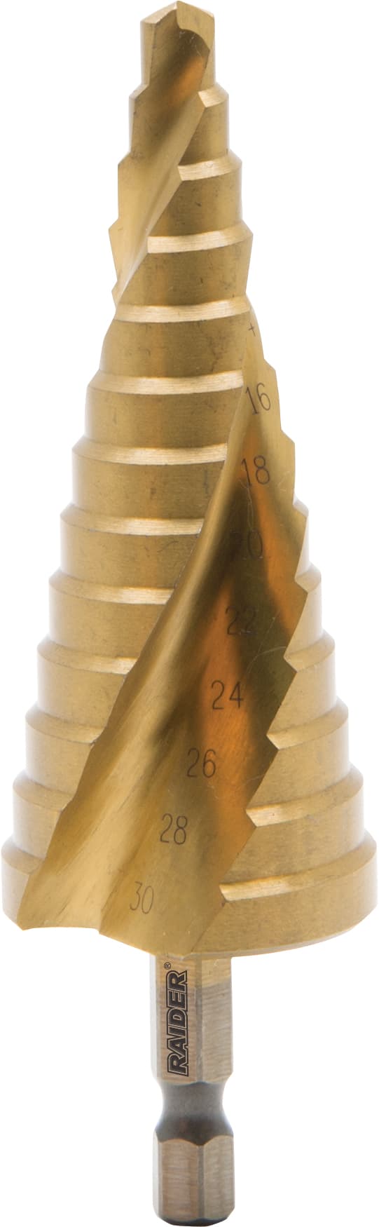 Стъпаловидно свредло за ламарина Raider HEX 1/4" HSS+TIN spiral flute ø6-30мм