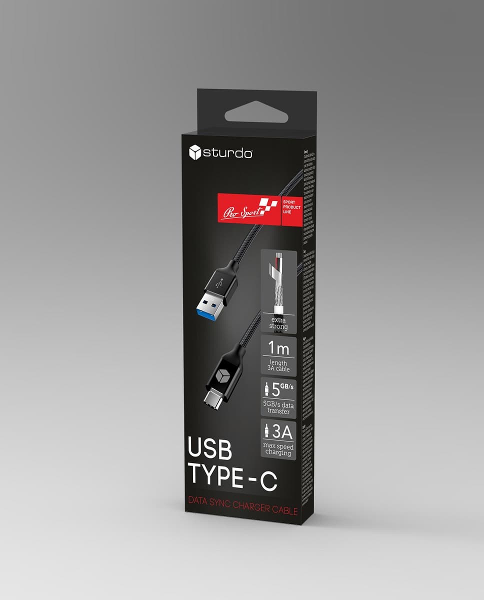 Текстилен кабел за данни Sturdo USB Type C / 3A / 5GB/s / 1m / черен