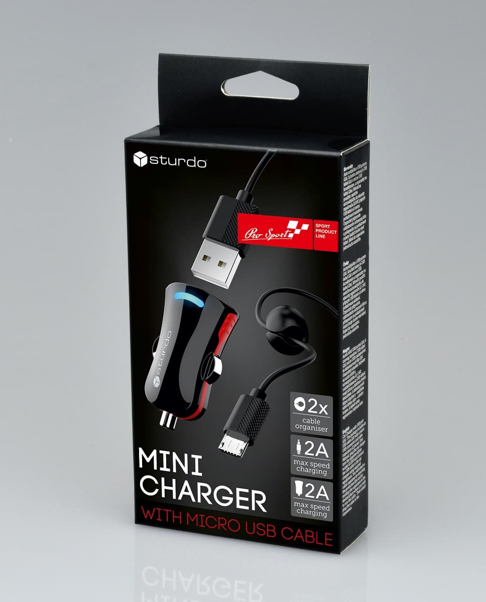 Мини зарядно за автомобил Sturdo Car Charger 2in1 Pro Sport / 2A / микро USB кабел 