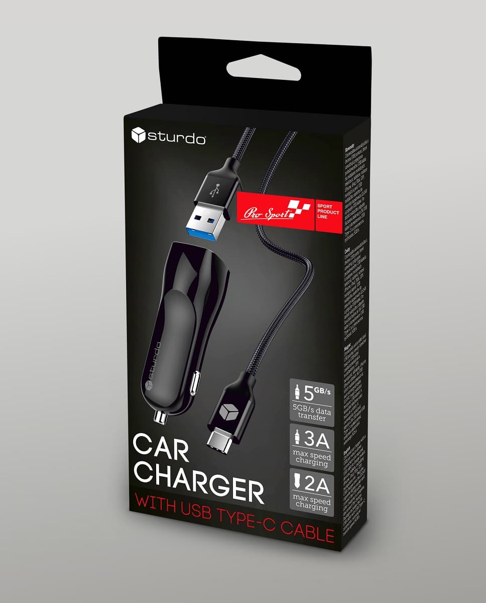 Зарядно за автомобил Sturdo Car Charger / 2xUSB / 2A / кабел USB Type C / 5GB/s / 3A