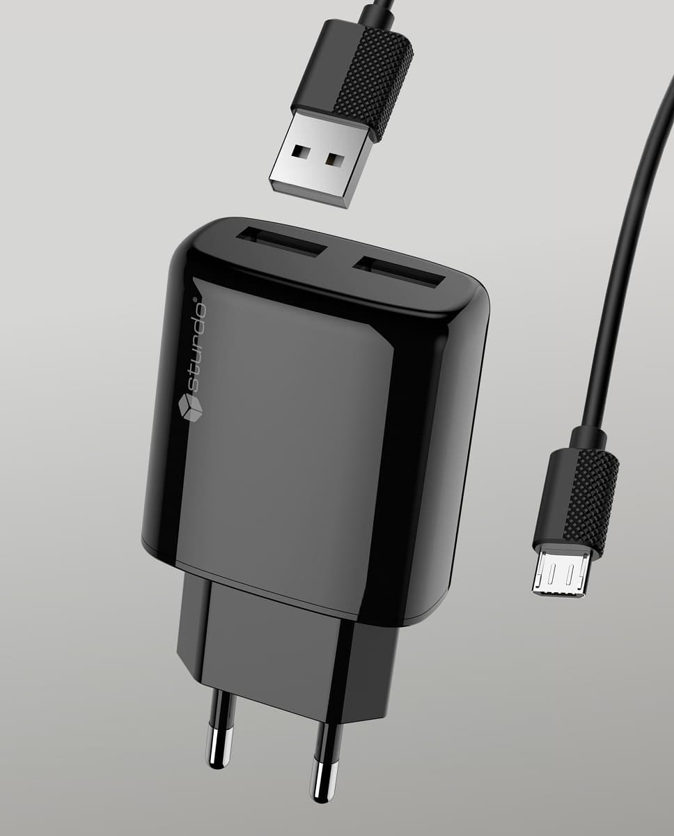 Мрежов адаптер Sturdo 2xUSB / 2A / кабел micro USB / 1m / черен