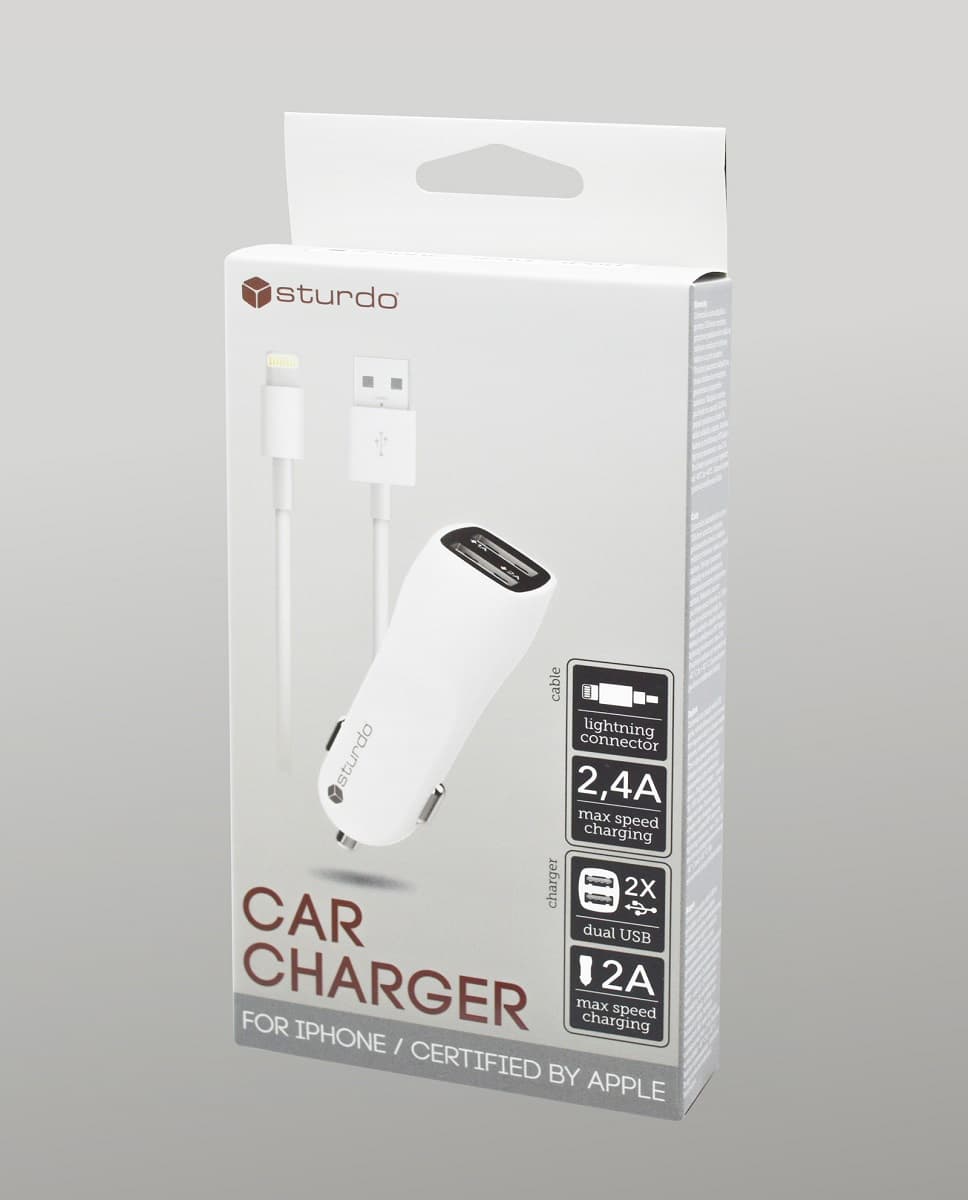 Зарядно за автомобил Sturdo Car Charger 2in1 / 2A / кабел MFI Lightning / 1m / бял