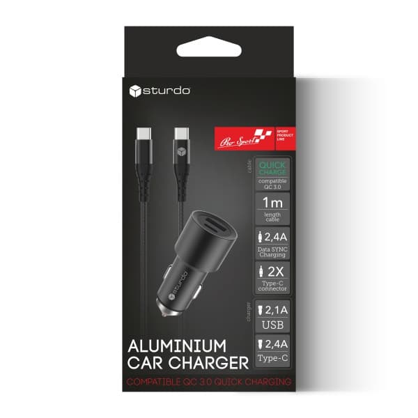 Зарядно за автомобил Sturdo Car Charger QC 3.0 / USB Type C 2.4A / USB 2.1A