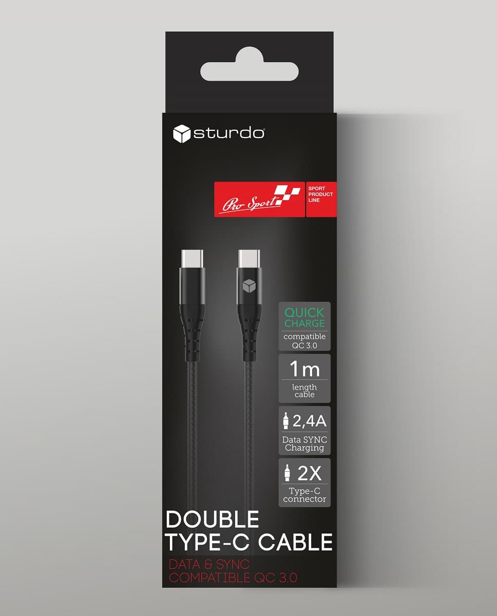 Текстилен кабел за данни Sturdo Double Тype C / QC 3.0 / 2.4A / 1m / черен