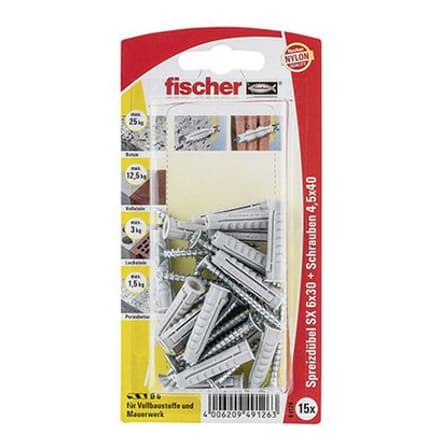 Разширяващ се дюбел комплект с винт Fischer SX 6x30 S K NV блистер