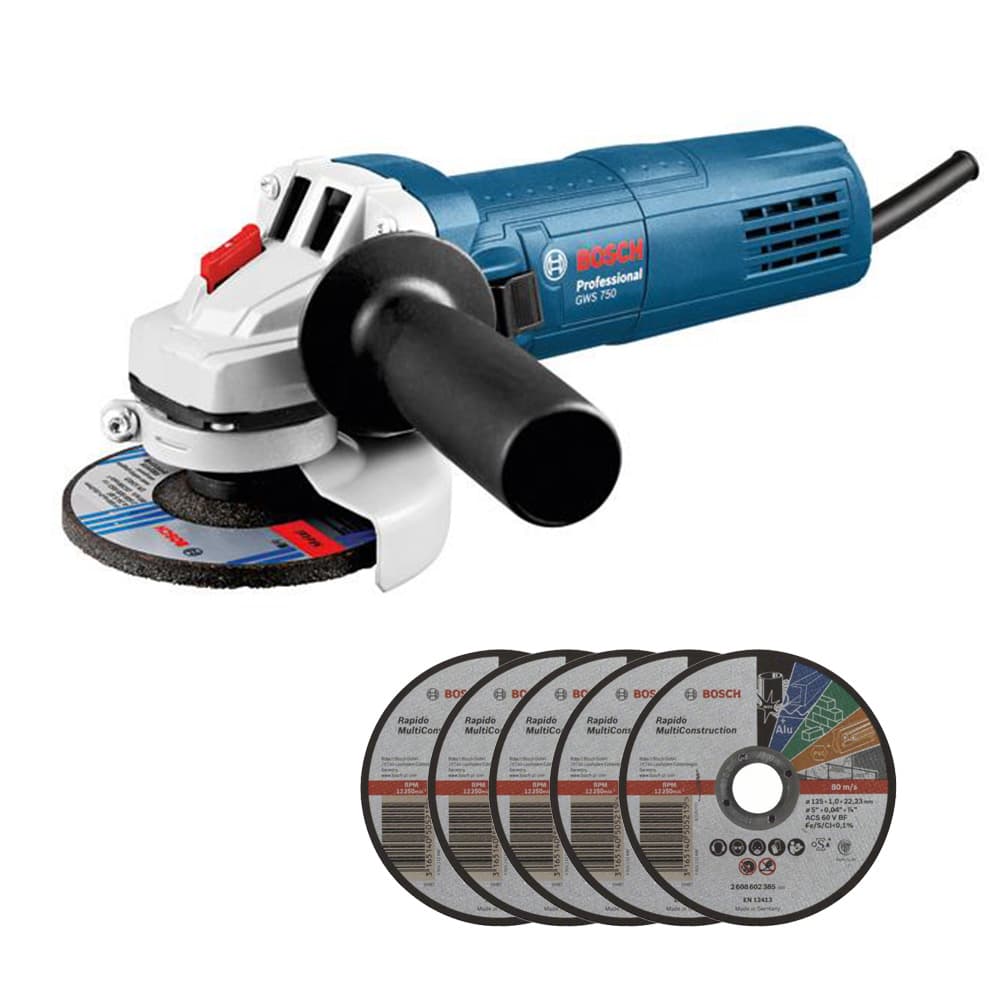 Ъглошлайф Bosch GWS 750 / 125mm + 5 броя дискове за рязане 125х1х22.23мм  