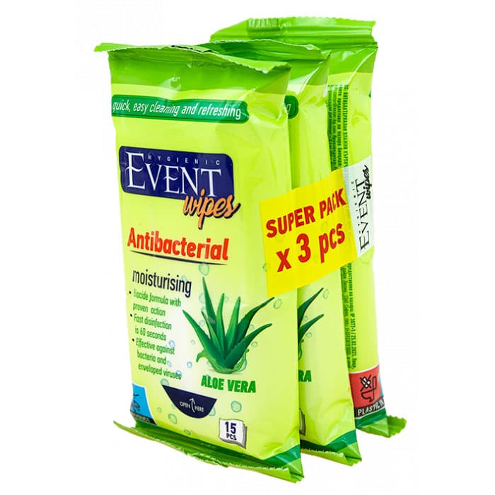 Влажни антибактериални кърпи Event Алое 3x15 броя