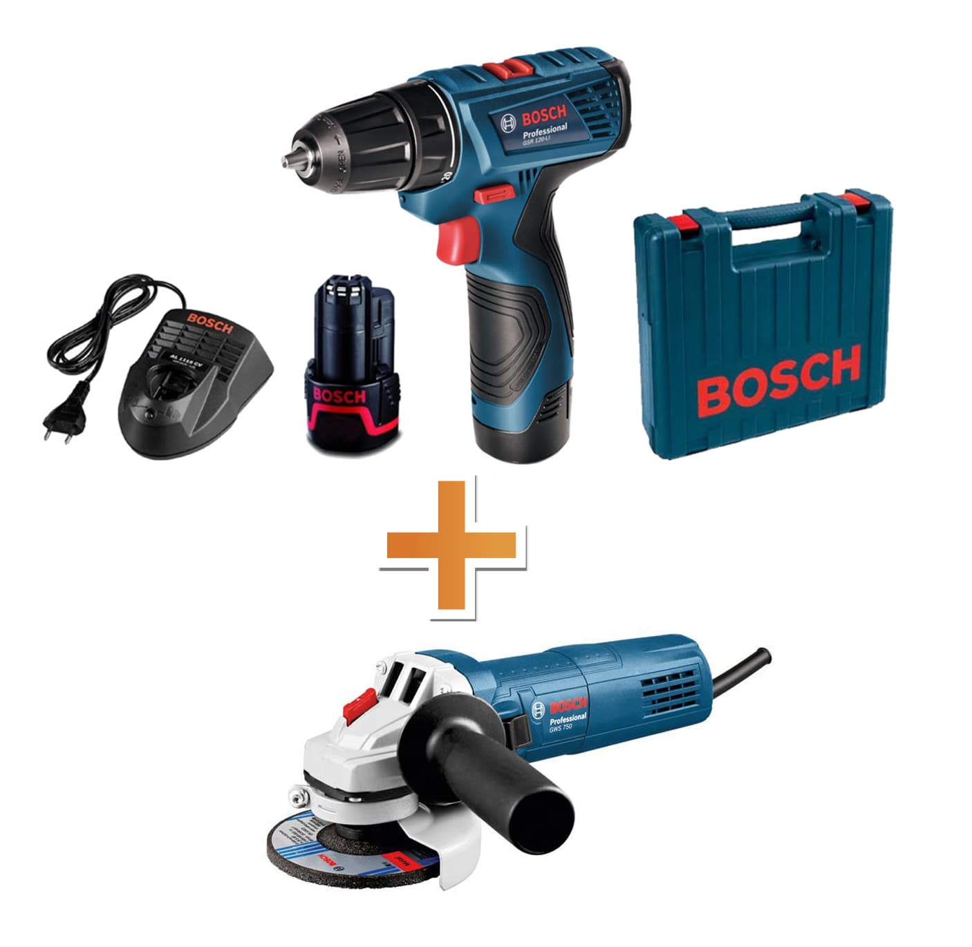 Акумулаторен винтоверт Bosch GSR 120-Li 2x2,0Ah, куфар + ъглошлайф Bosch GWS 750 