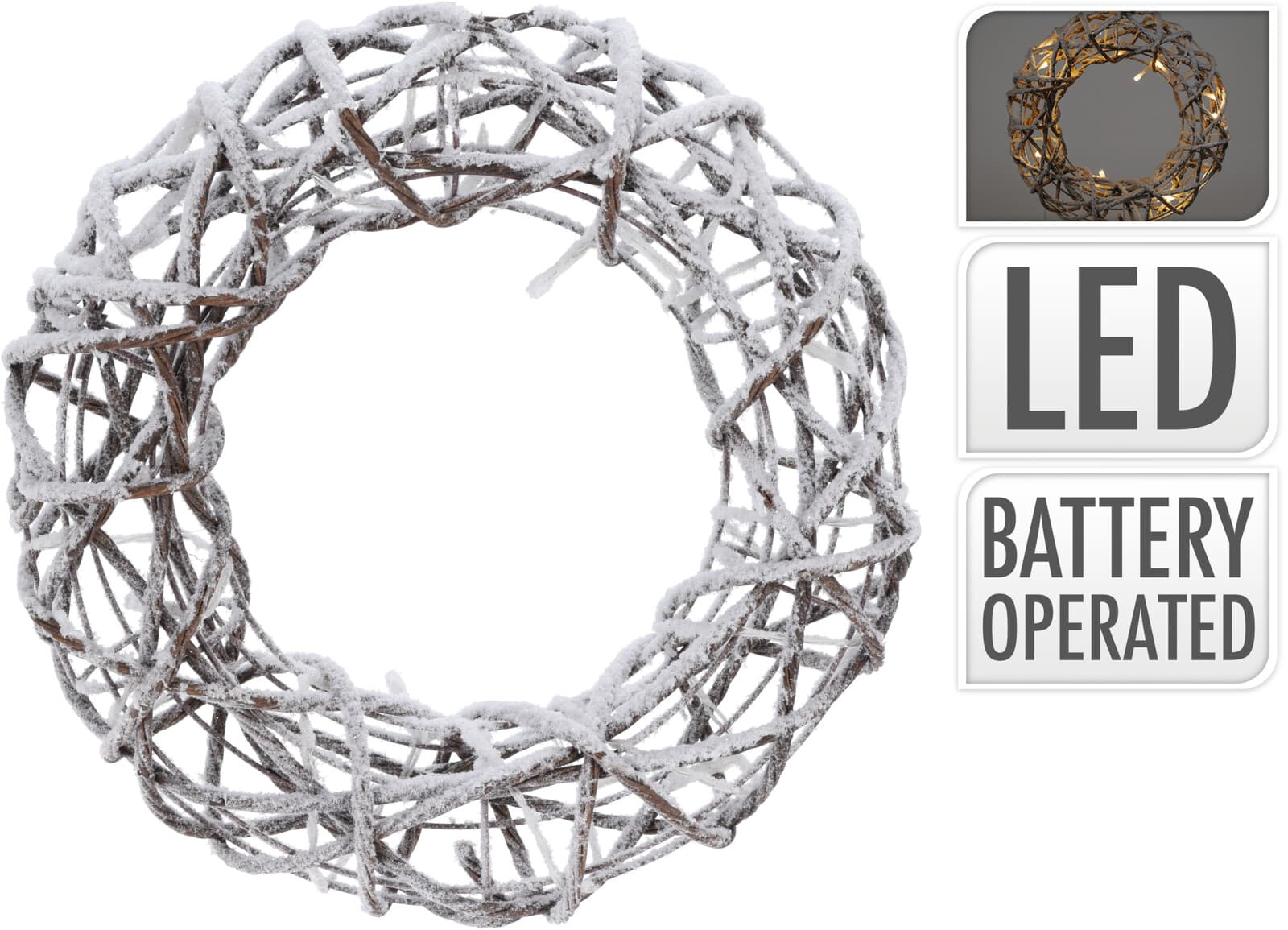 Коледен светещ венец Rotan Snow 15 LED 30см 