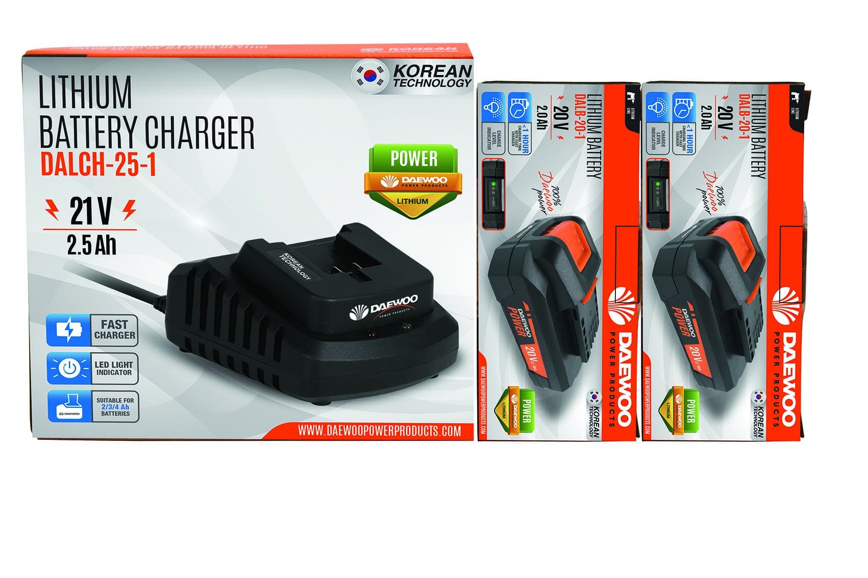 Зарядно устройство Daewoo Uni-Bat 21V/2.5Ah с 2 батерии 20V / 2.0Ah 