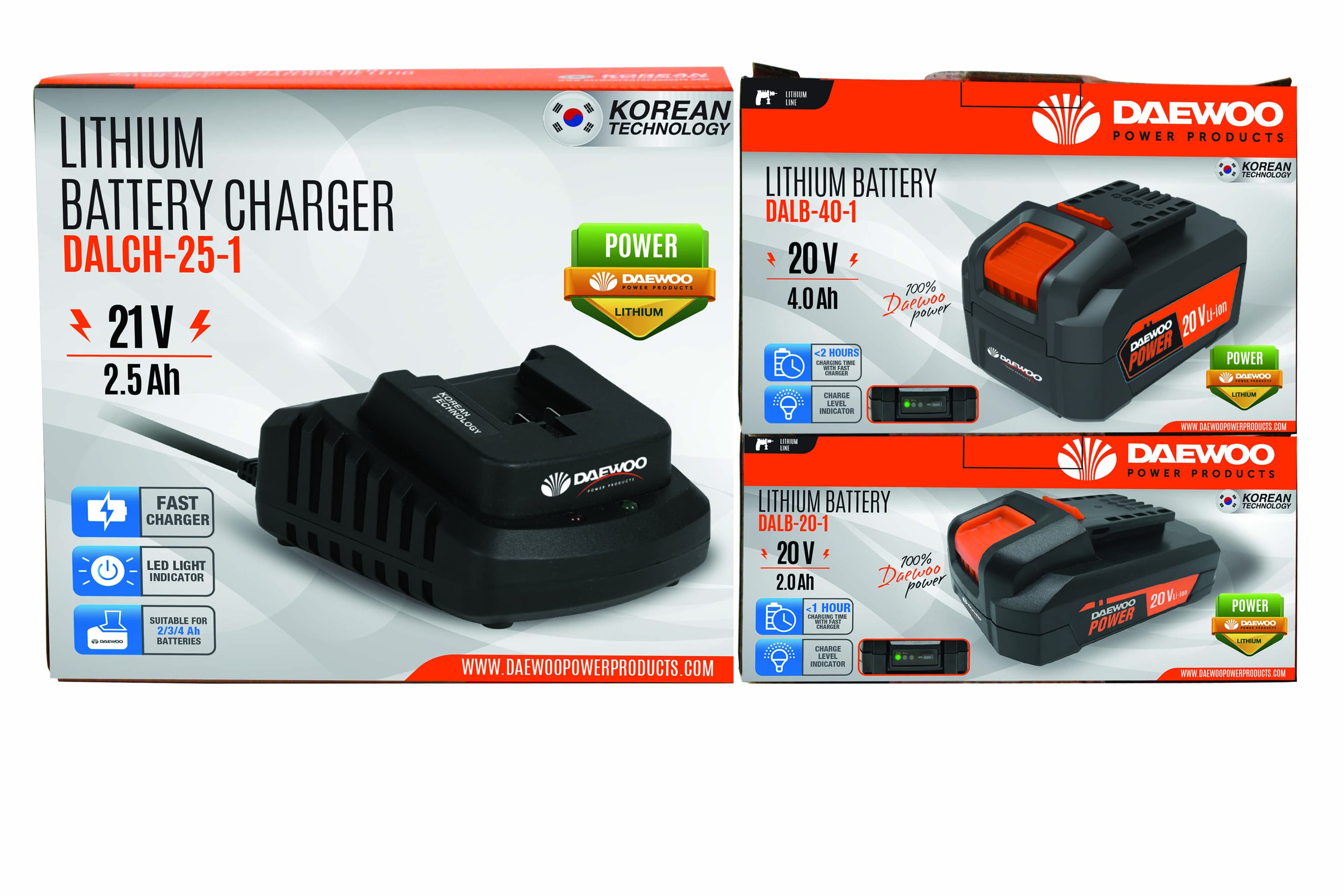 Зарядно устройство Daewoo Uni-Bat 21V/2.5Ah с 2 батерии 20V / 2.0Ah + 4.0Ah  