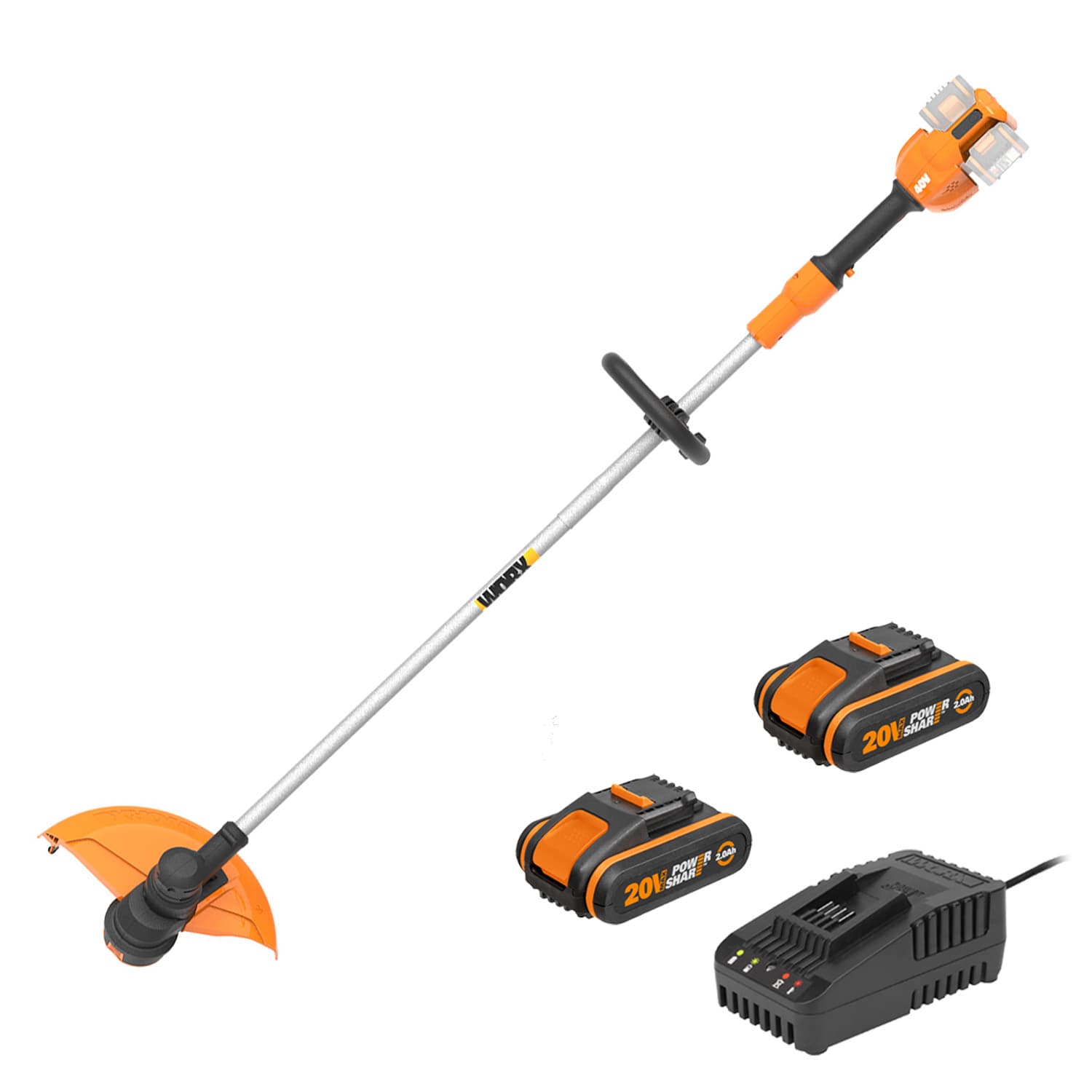 Акумулаторен тример Worx WG183E с батерии 2x20V/2.0Ah и двойно зарядно  
