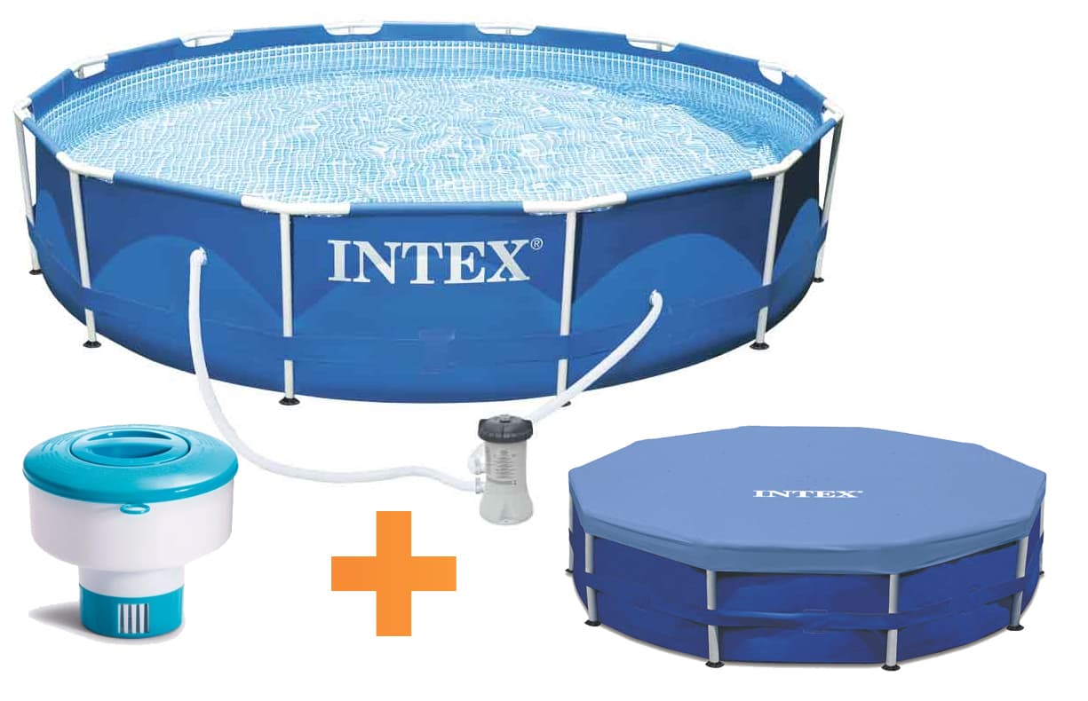 Басейн с метална рамка и филтърна помпа Intex 28202 / 305х76см + покривало, филтър и диспенсър 