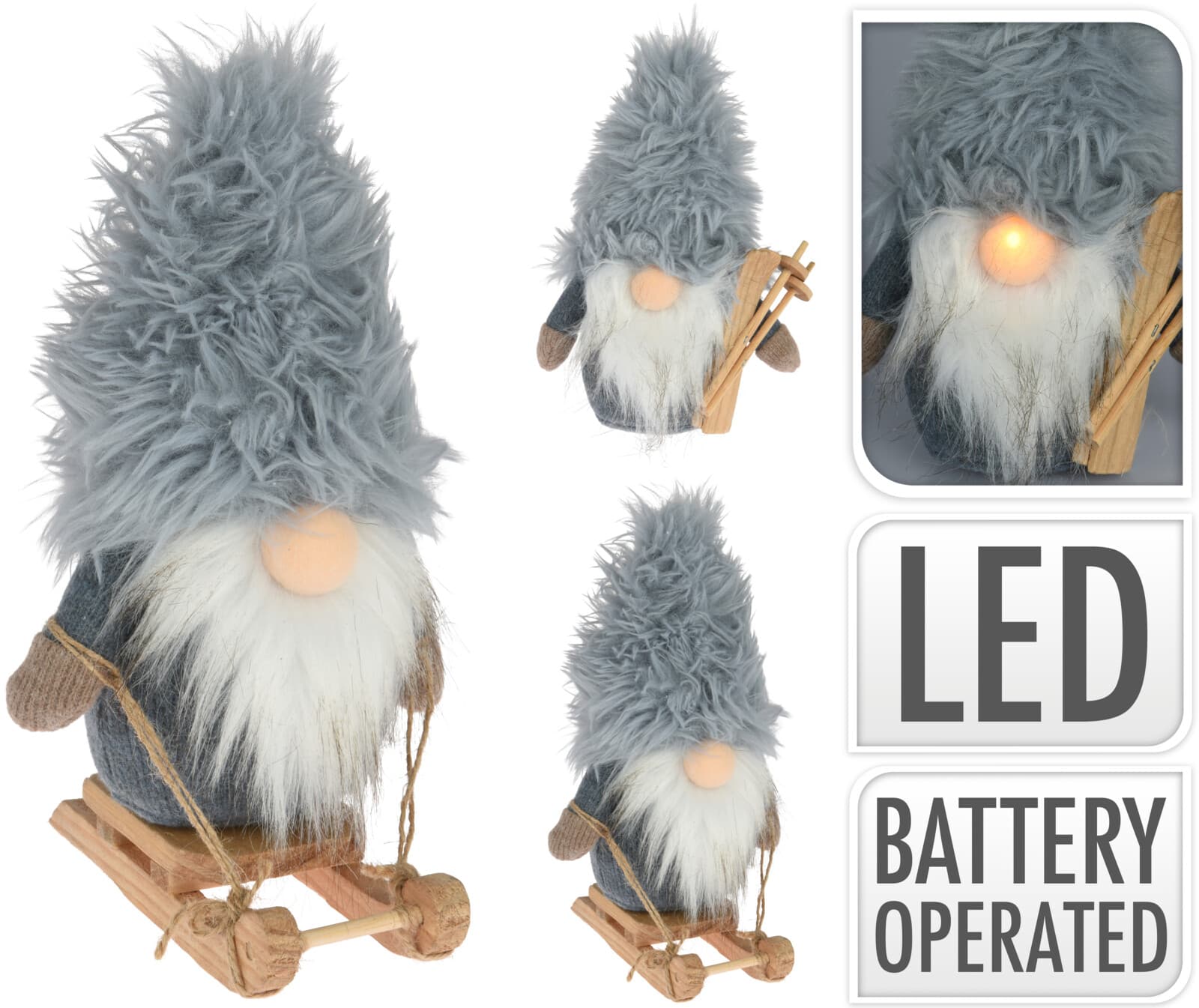 Коледна LED декорация Гном със светещ нос 21см