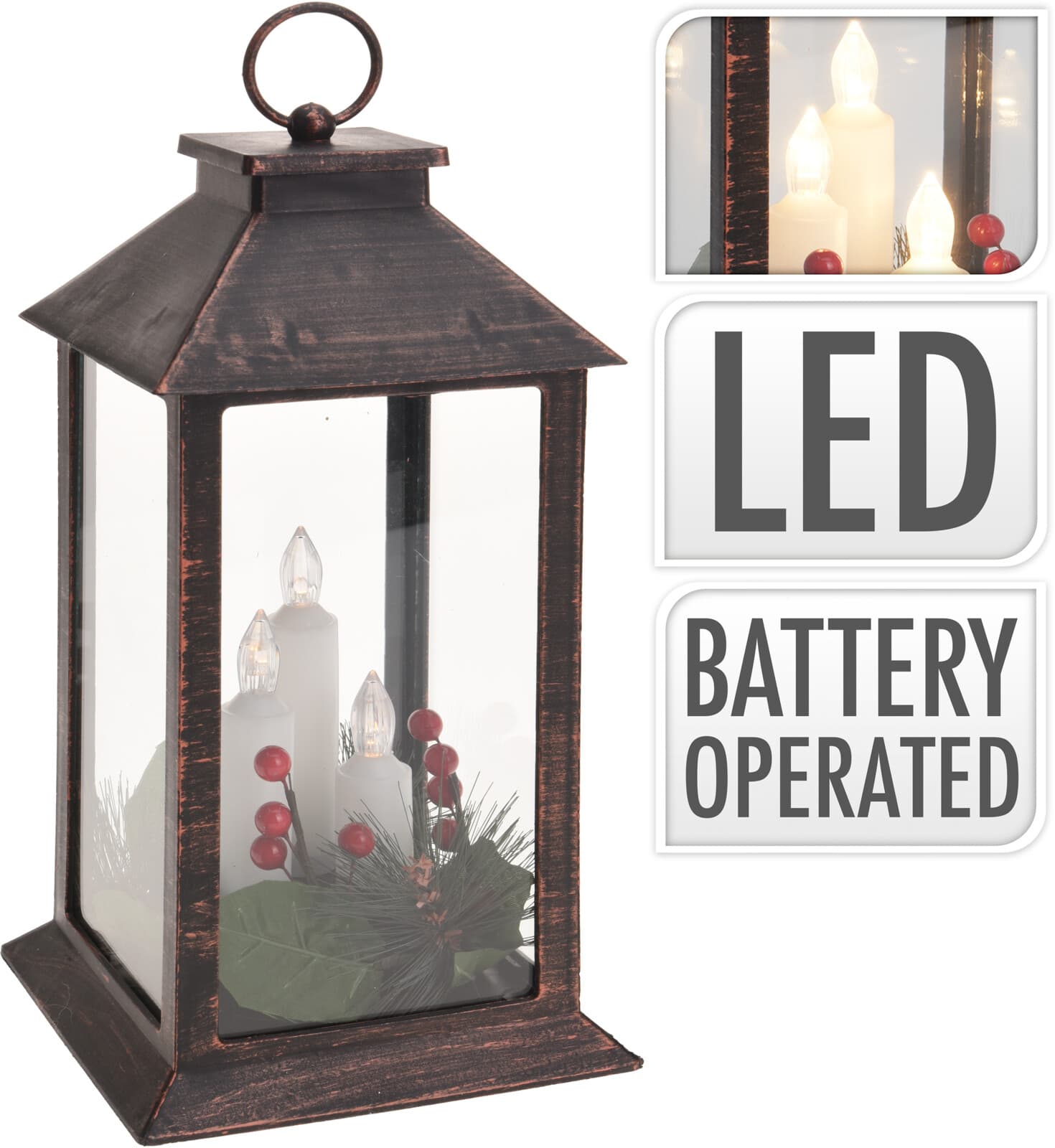 Коледна LED декорация Фенер със свещ 29см черен