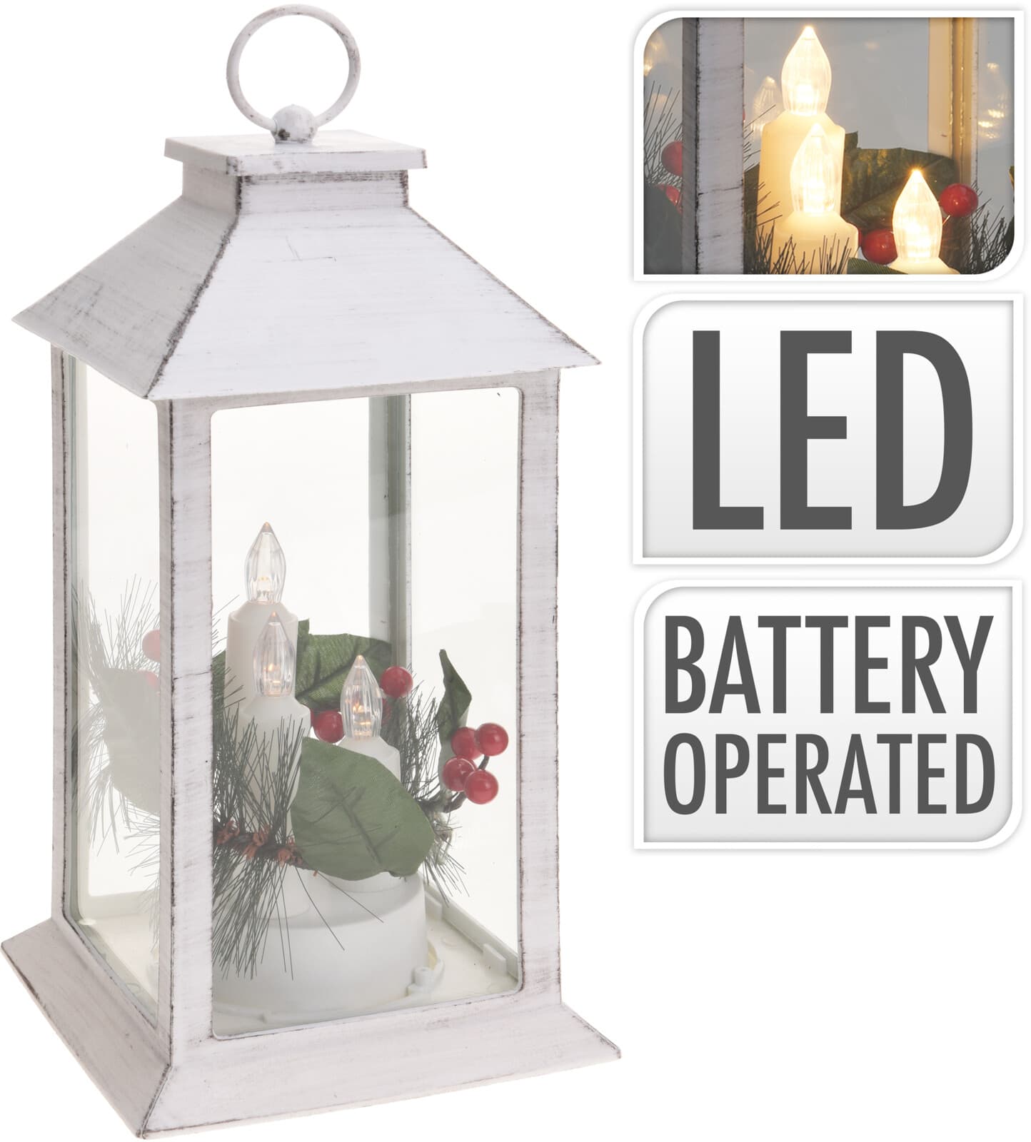 Коледна LED декорация Фенер със свещ 29см бял