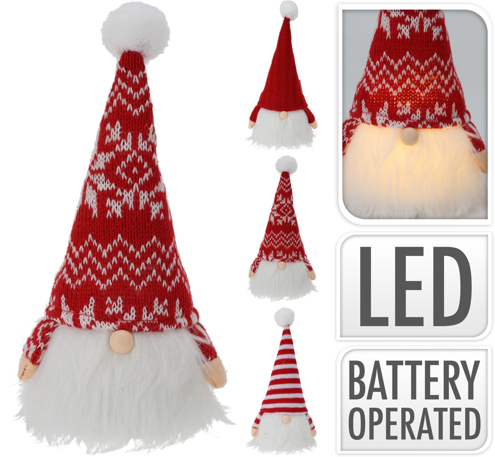 Коледна LED декорация светещ Гном 23см червен