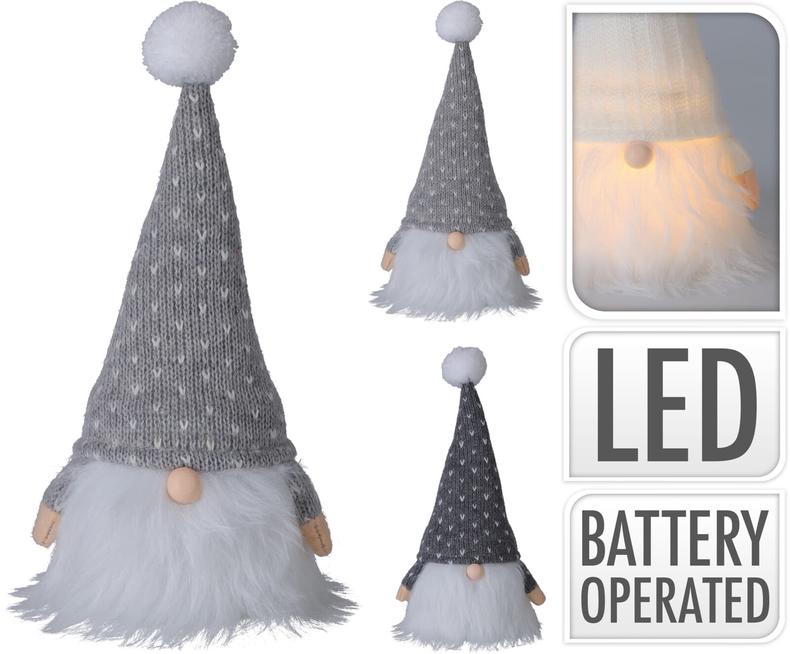 Коледна LED декорация светещ Гном 23см сив