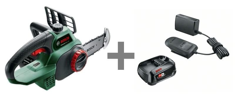 Акумулаторен верижен трион Bosch + стартов комплект Bosch 18V Alliance - 2.0 Ah + AL 18V-20