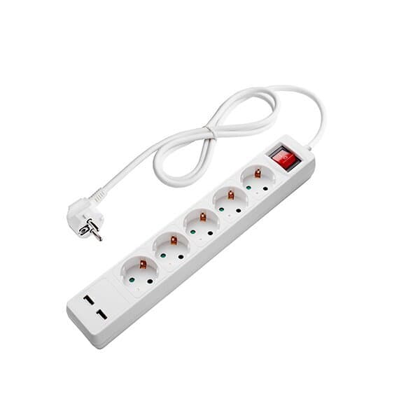 Разклонител 5 гнезда и ключ + 2хUSB Optonica 3500W max 1.5м бял