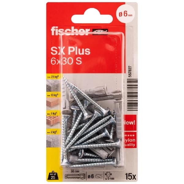 Дюбел SX 6x30 комплект с винт 4.5x40мм Fischer 567827 / 15 броя