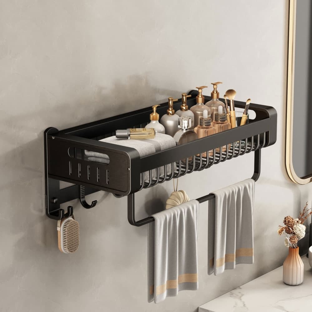 Алуминиева етажерка със закачалка за кърпи Makena Cord L черна 60х20х24,5см