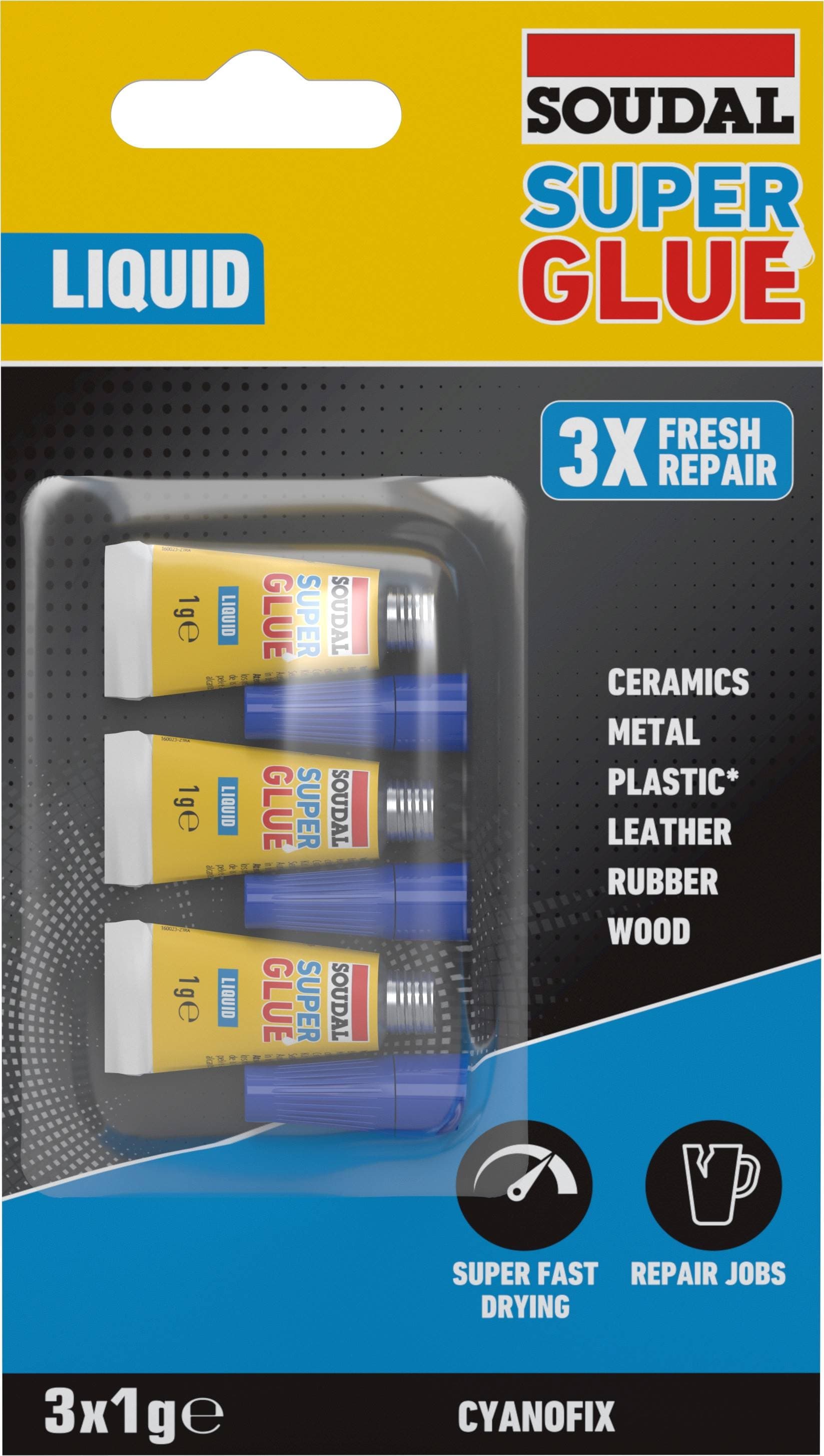 Секундно лепило Soudal Super Glue течно 3г / 3 броя