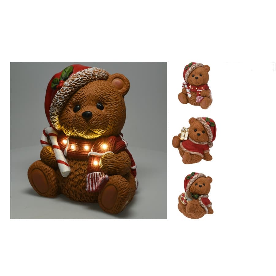 Коледна фигурка на мече с коледна шапка и LED осветление 28x27x29 см