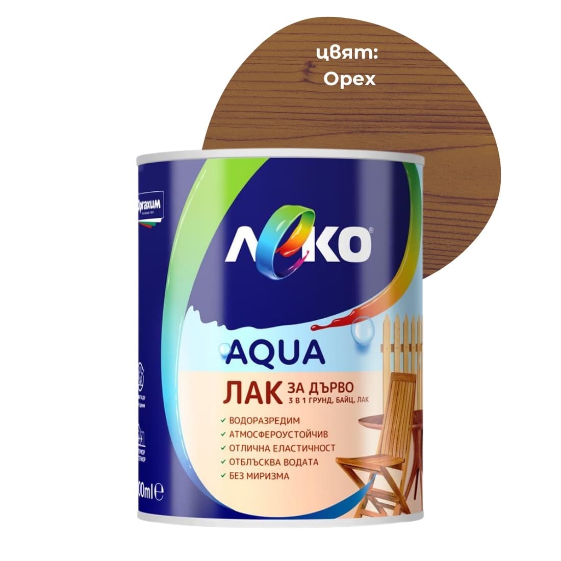 Лак за дърво 3 в 1 Леко Aqua Орех 600мл