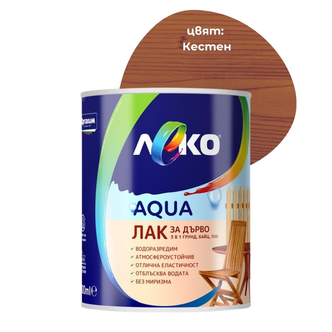 Лак за дърво 3 в 1 Леко Aqua Кестен 600мл