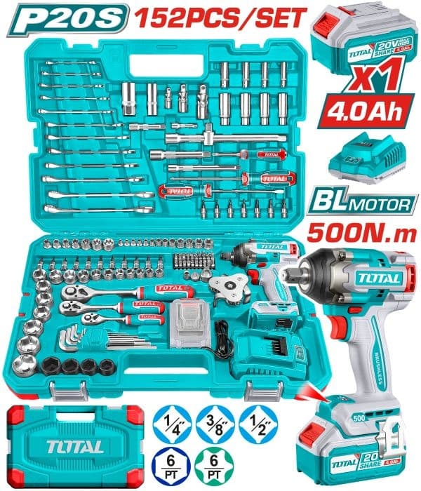 Акумулаторен ударен гайковерт Total Industrial 20V + батерия, зарядно и инструменти 