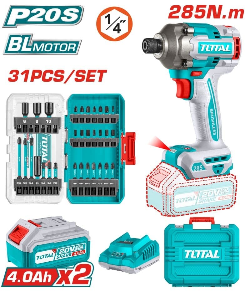 Акумулаторен винтоверт Total Industrial 20V + 2 батерии, зарядно, куфар и битове
