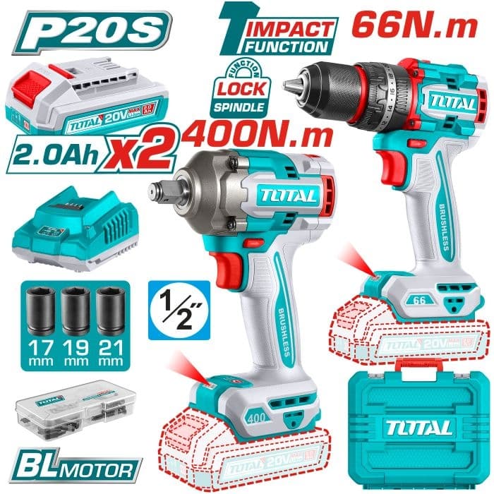 Комплект винтоверт и гайковерт Total Industrial 20V + 2 батерии, зарядно, куфар и аксесоари