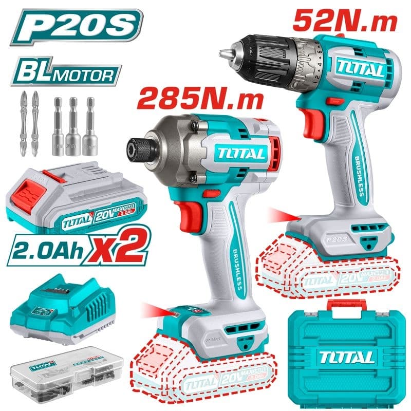 Комплект акумулаторни винтоверти Total Industrial 20V + 2 батерии, зарядно, куфар и аксесоари