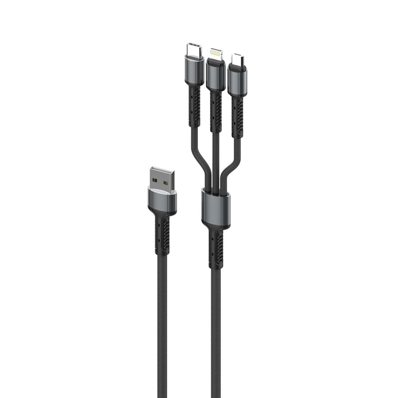 Кабел за зареждане и данни LC93 3в1 USB-A / micro / lighting / type-C сив 1 м