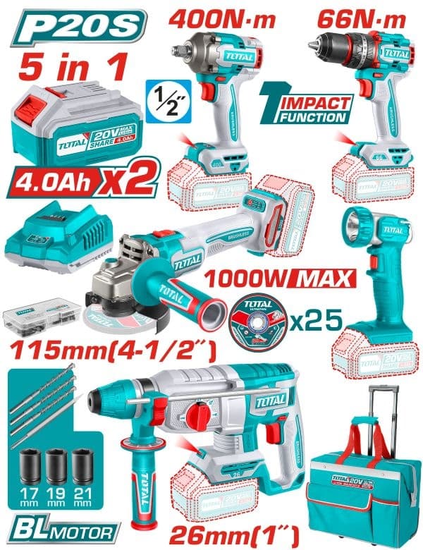 Комплект акумулаторни инструменти Total Industrial 5в1 / 20V с 2 батерии, зарядно, чанта и аксесоари
