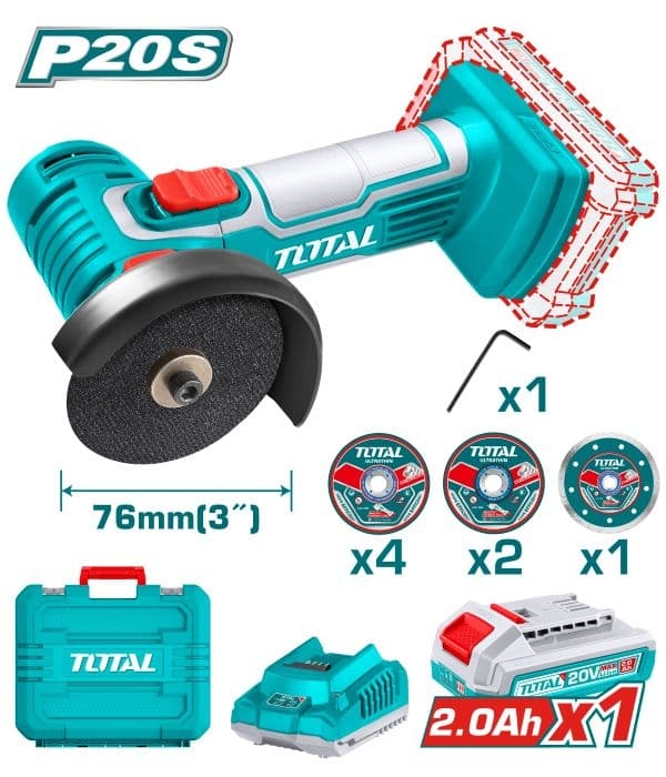 Акумулаторен мини ъглошлайф Total Industrial 20V / 76мм с батерия, зарядно и куфар