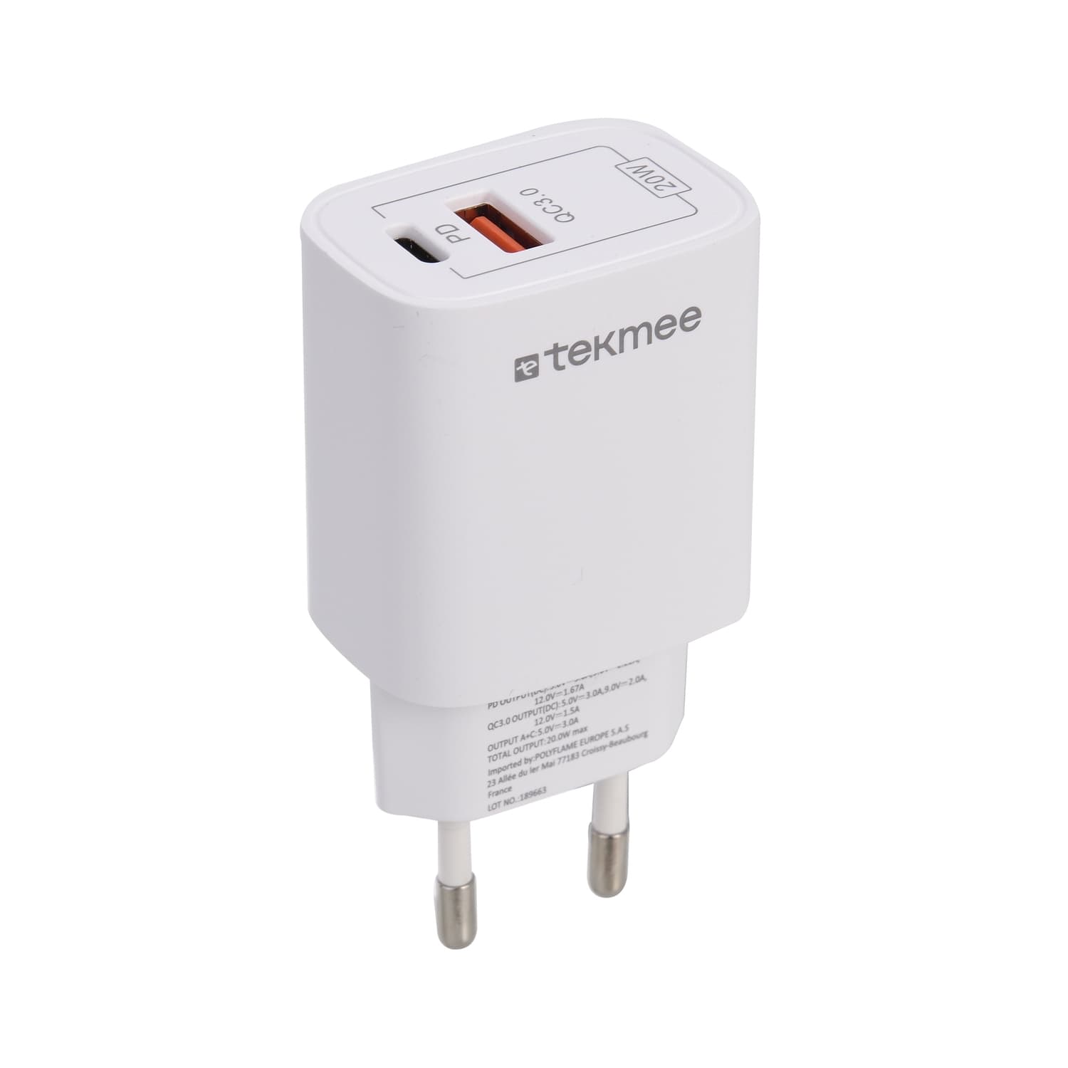 Зарядно type-C/USB 3А Tekmee 20W