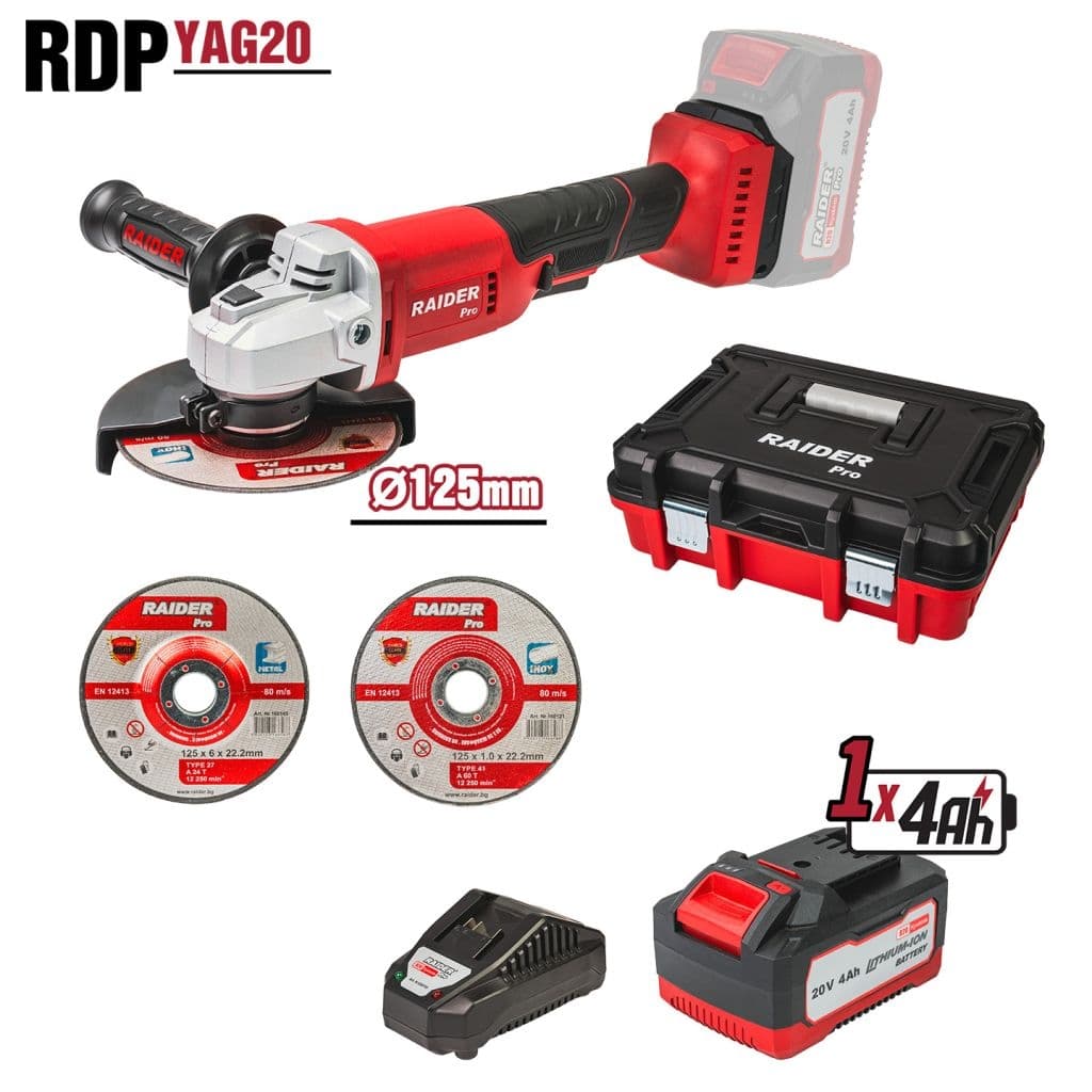 Акумлаторен ъглошлайф Raider RDP-YAG20 R20 с батерия, зарядно и куфар