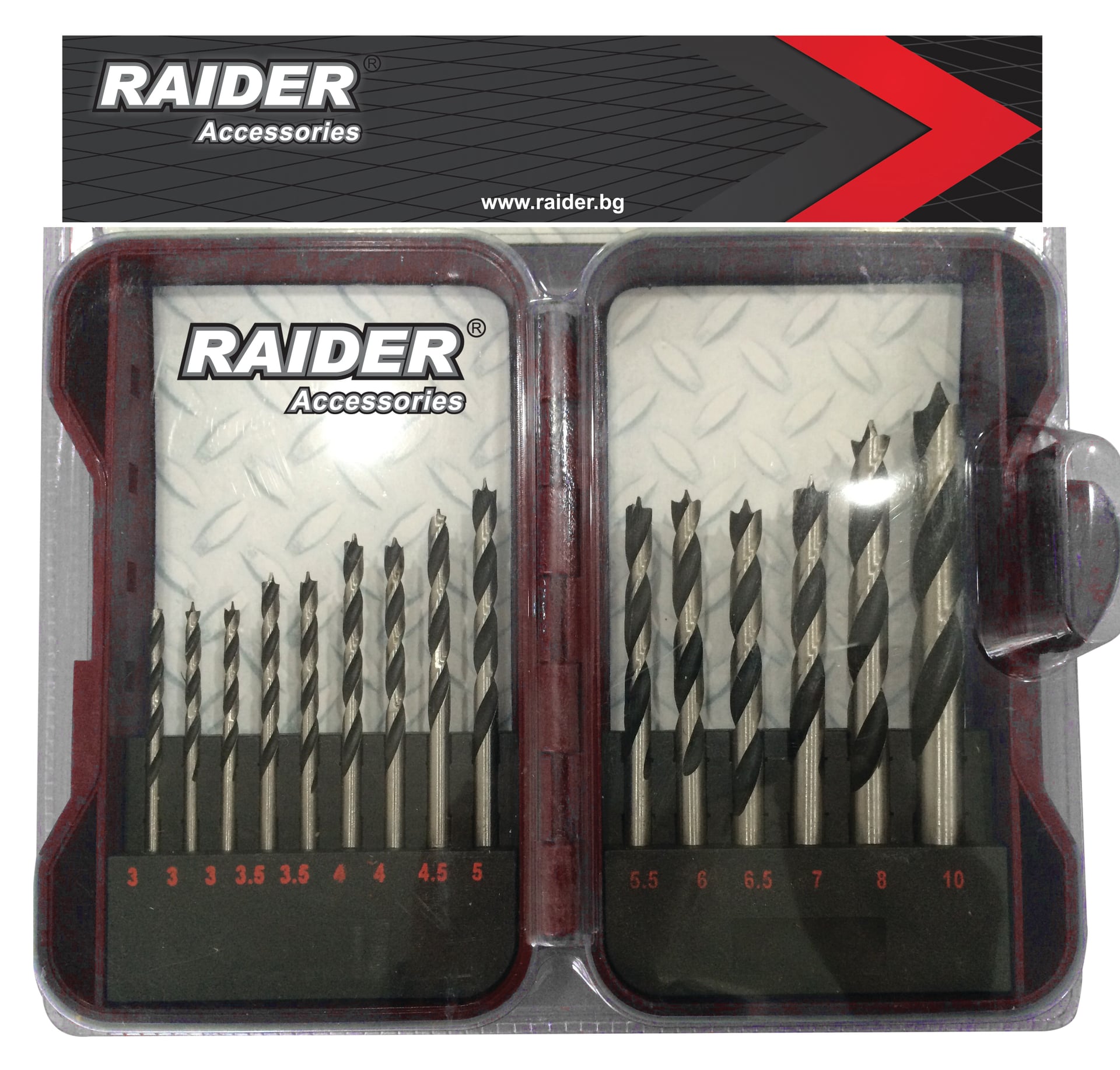Комплект свредлa за дърво Raider ø3-10мм / 15 броя