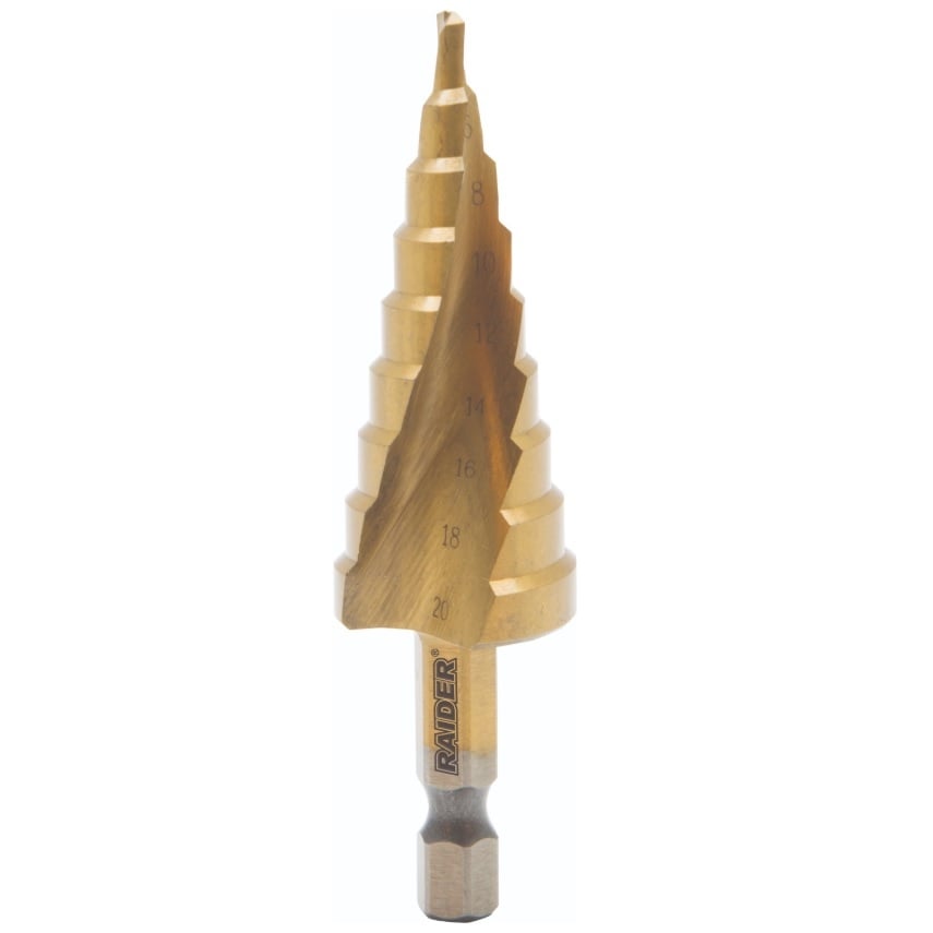 Стъпаловидно свредло за ламарина Raider HEX 1/4" HSS+TIN spiral flute ø4-20мм